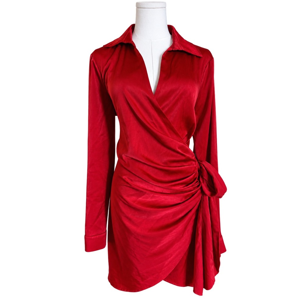 SUPERDOWN Sophie Draped Mini Dress Red Satin Wrap Tie Long Sleeve XL NWT